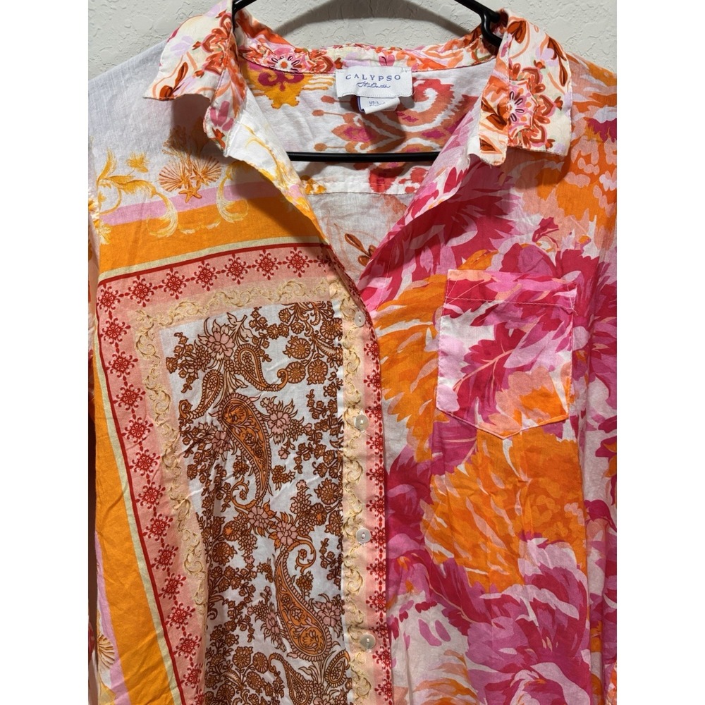 Calypso St. Barth Pink & Orange Floral Button-Up Blouse - Picture 5 of 16